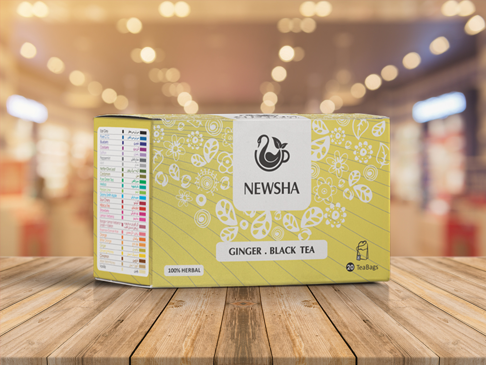 Yellow tea box with floral design, featuring "NEWSHA" logo. Labeled "Ginger Black Tea." Contains 20 herbal tea bags. 