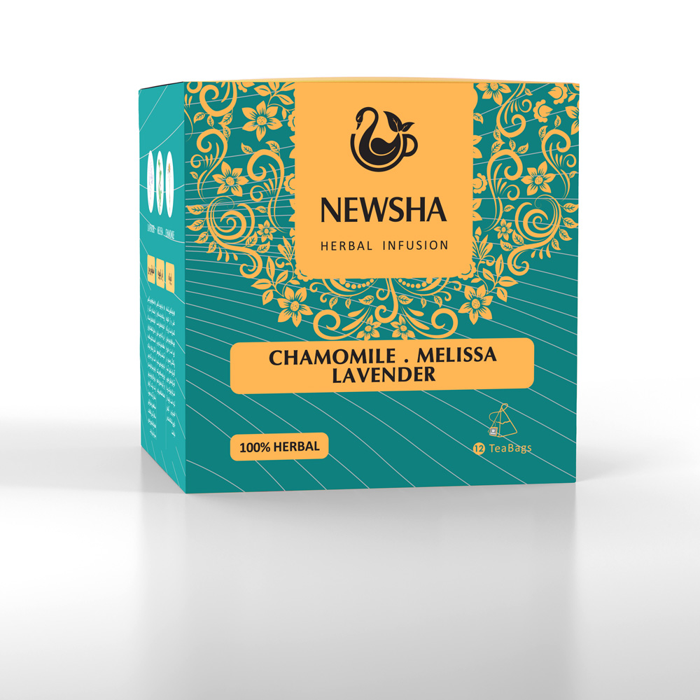 Herbal tea box labeled "NEWSHA." The teal packaging features floral patterns and highlights chamomile, melissa, and lavender ingredients.