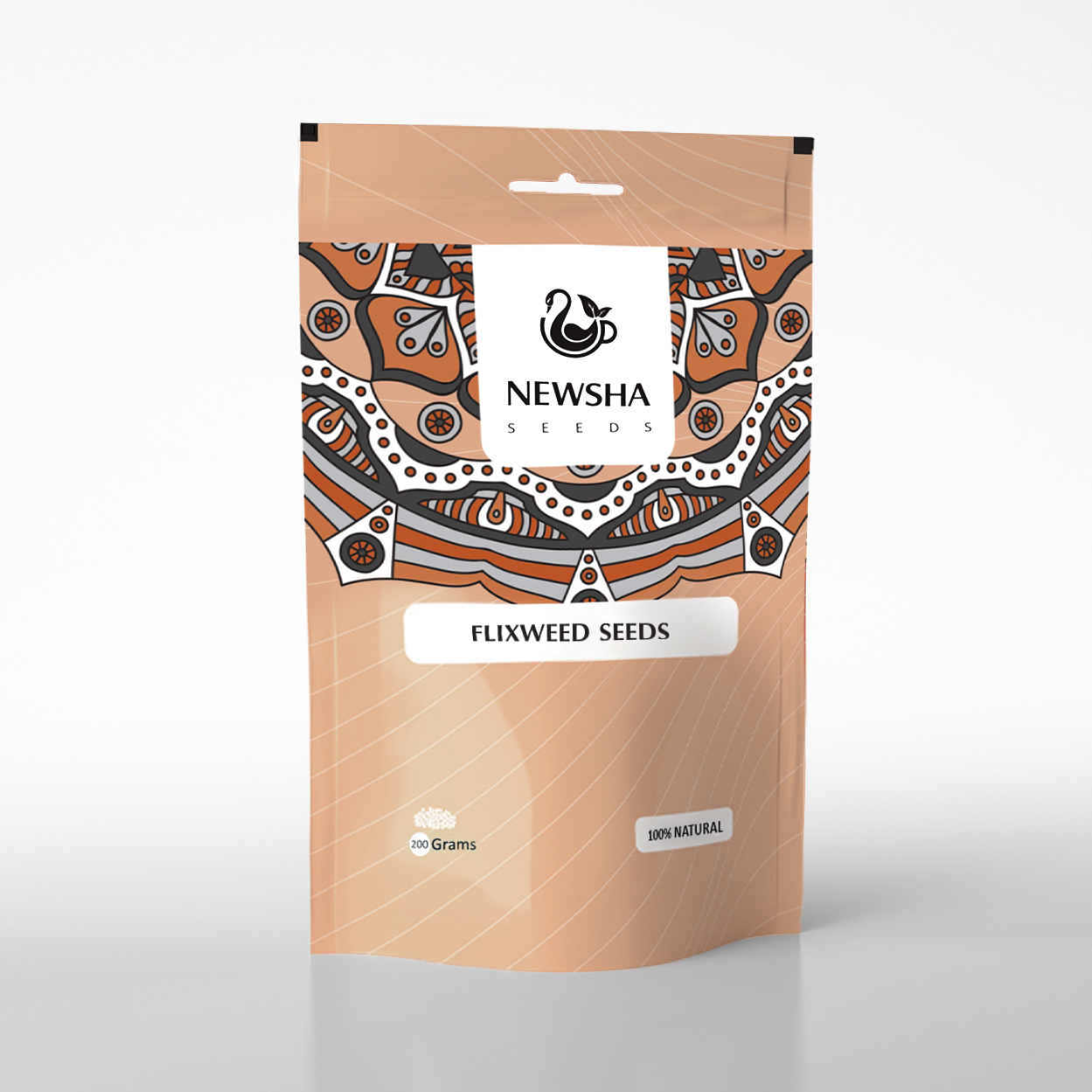Packaging for Newsha Flixweed Seeds. Text reads "200 grams, 100% natural."