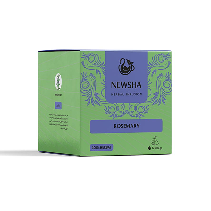 Newsha Rosemary Herbal Infusion box in green with a blue swirl design. Label reads "100% Herbal, Tea Bags." 
