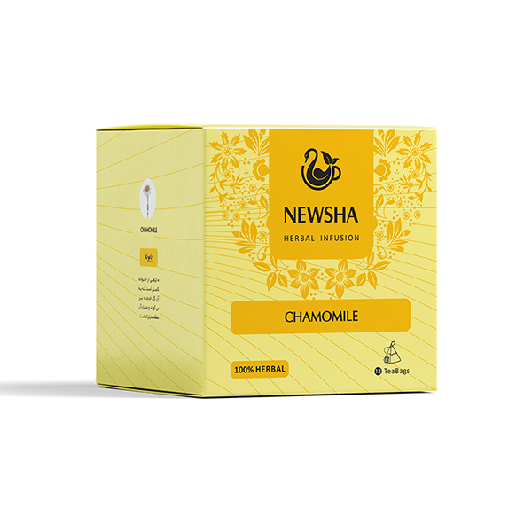 Yellow Newsha herbal infusion box for chamomile tea. Features floral design, bold branding, and label stating "100% Herbal"