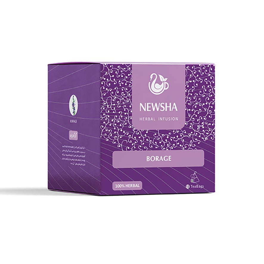 Purple box of Newsha Borage Herbal Infusion tea. The packaging conveys a calming, natural tone with "100% Herbal" noted.
