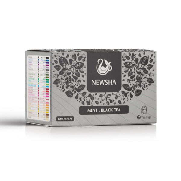 Box of Newsha Mint Black Tea with a gray design featuring a teacup logo, floral patterns, and "100% Herbal" label; contains 20 tea bags.