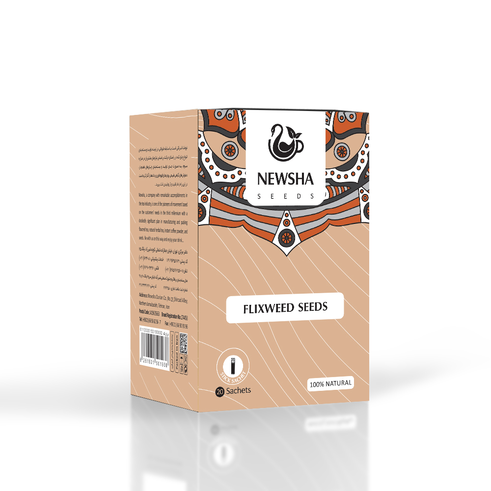 Packaging of Newsha Flixweed Seeds, featuring a decorative design, labeled "100% Natural" and containing 20 sachets.