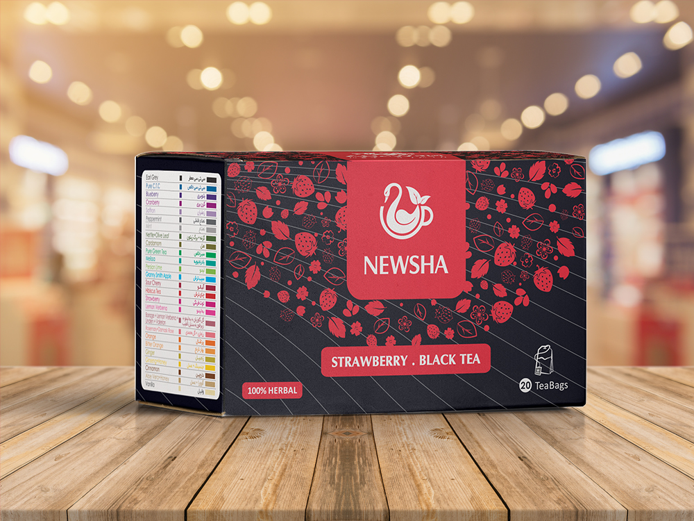 Box of Newsha Strawberry Black Tea, featuring red berry illustrations on a dark background. Labeled "100% Herbal" with 20 tea bags inside.