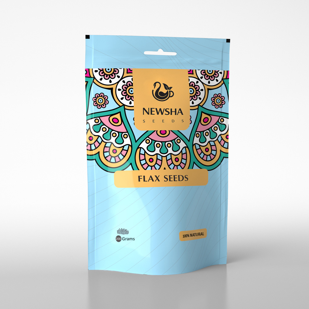 A blue package of Newsha flax seeds with colorful mandala patterns and a small logo. Text highlights "100% Natural" and "200 Grams."