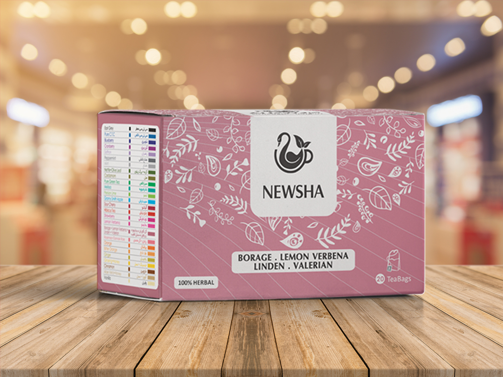 Pink herbal tea box with white floral designs and "NEWSHA" logo. Contains borage, lemon verbena, linden, and valerian. Holds 20 tea bags.