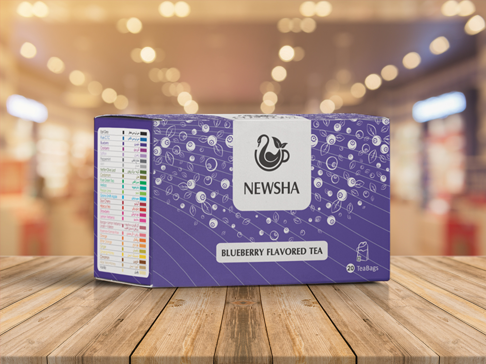 Box of Newsha blueberry flavored tea, featuring a purple design and containing 20 tea bags. Ingredient list on the side.