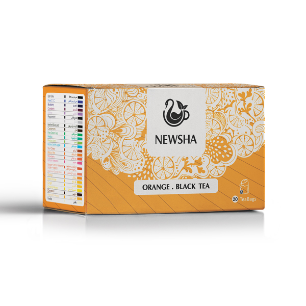 A box of Newsha Orange Black Tea with 20 tea bags is displayed on a wooden surface with a blurred background.