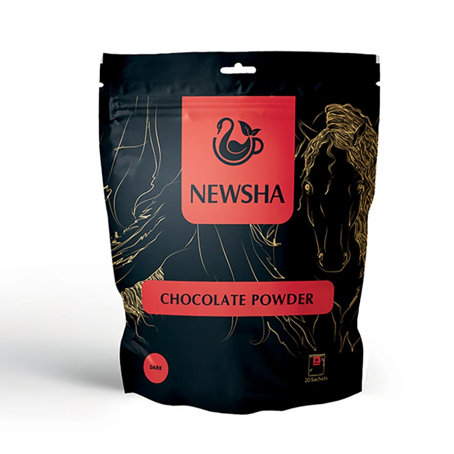Black pouch with red labels featuring the brand name, "Newsha," and "Chocolate Powder." Elegant gold line drawings of horses adorn the packaging.