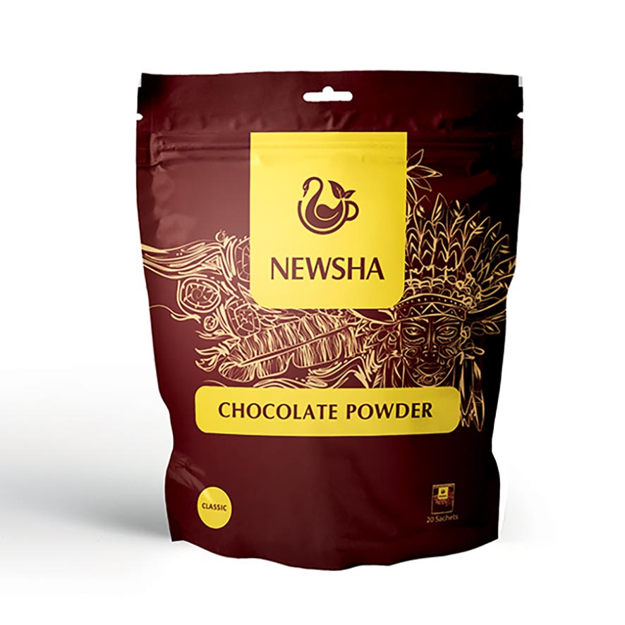 A maroon pouch of "Newsha" chocolate powder features intricate gold line art of cacao plants and an artistic face. 
