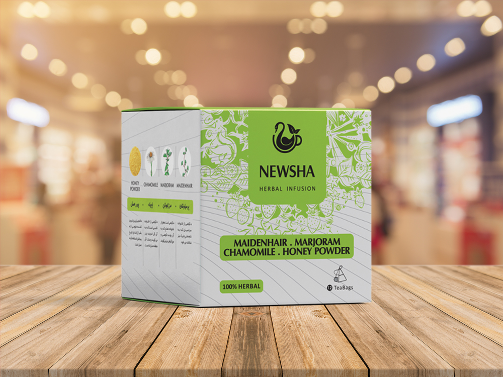 Green and white box of Newsha herbal infusion tea, featuring designs of honey powder, chamomile, and herbs.