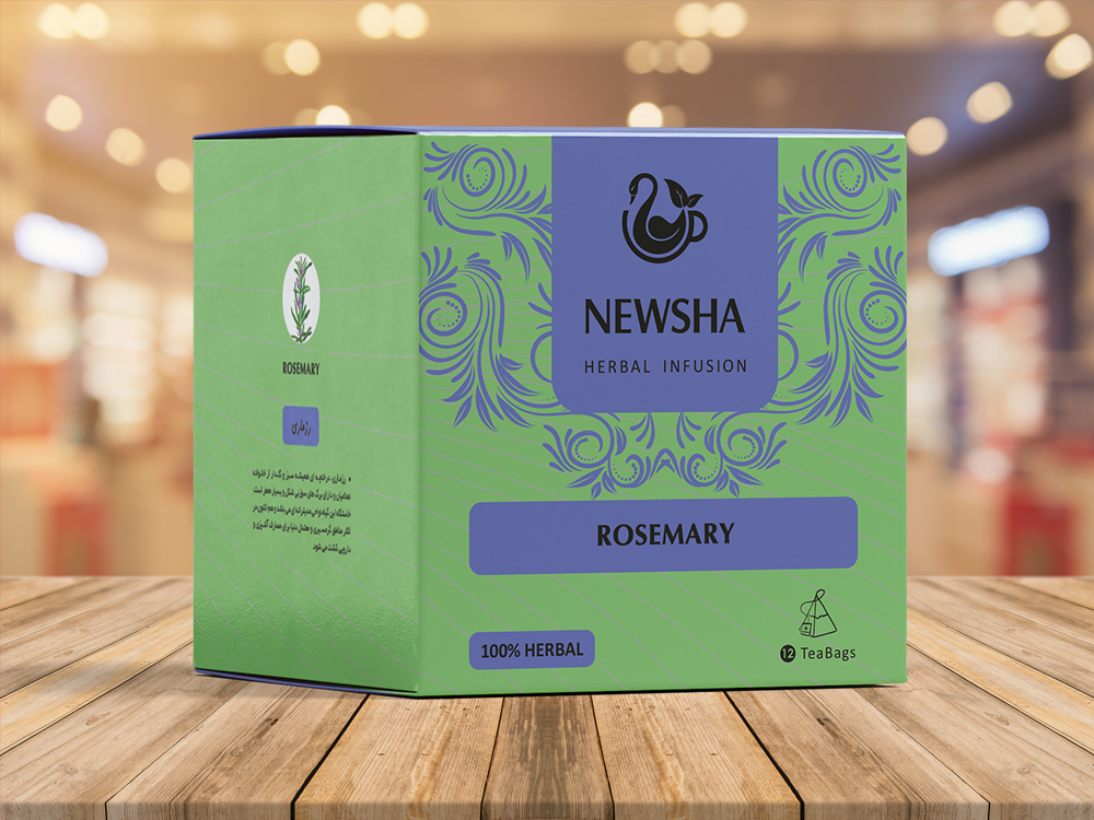 Newsha Rosemary Herbal Infusion box in green with a blue swirl design. Label reads "100% Herbal, Tea Bags." 