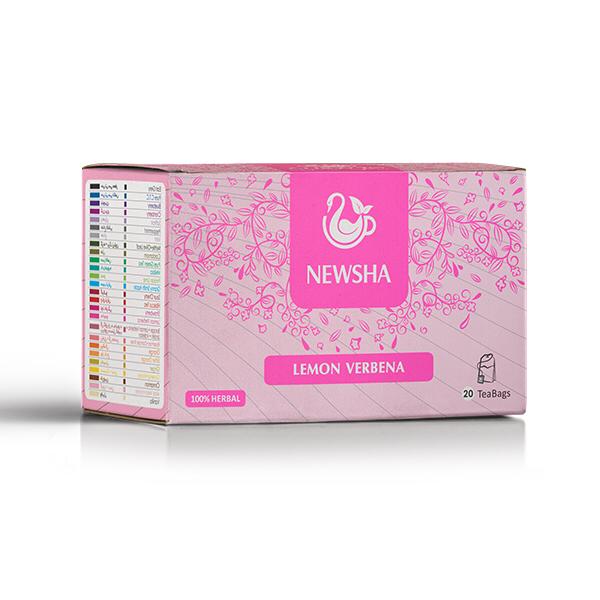 Pink box of lemon verbena tea with floral designs. "NEWSHA" logo on front, labeled as 100% herbal, contains 20 tea bags. 