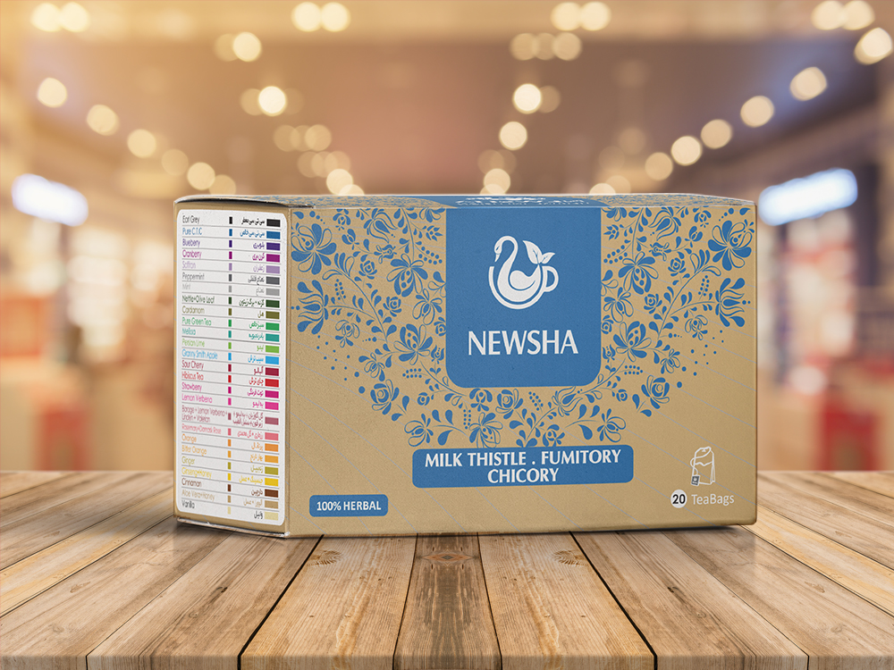 Box of herbal tea titled "Milk Thistle, Fumitory, Chicory" by Newsha. The design features blue floral patterns on a gold background. Contains 20 tea bags.