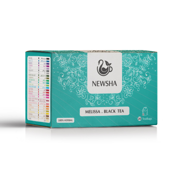 Box of Newsha Melissa Black Tea features floral patterns on a turquoise background. Includes brand logo, "100% Herbal" label, and 20 tea bags icon.