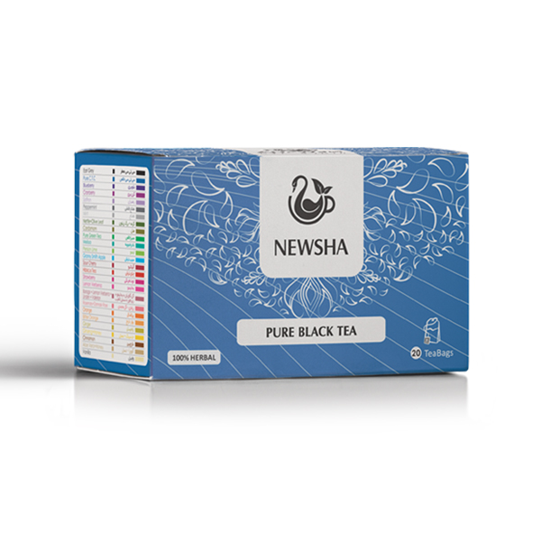 Newsha CTC black tea packaging, showcasing a minimalist black box with the brand name and a decorative tea leaf graphic.