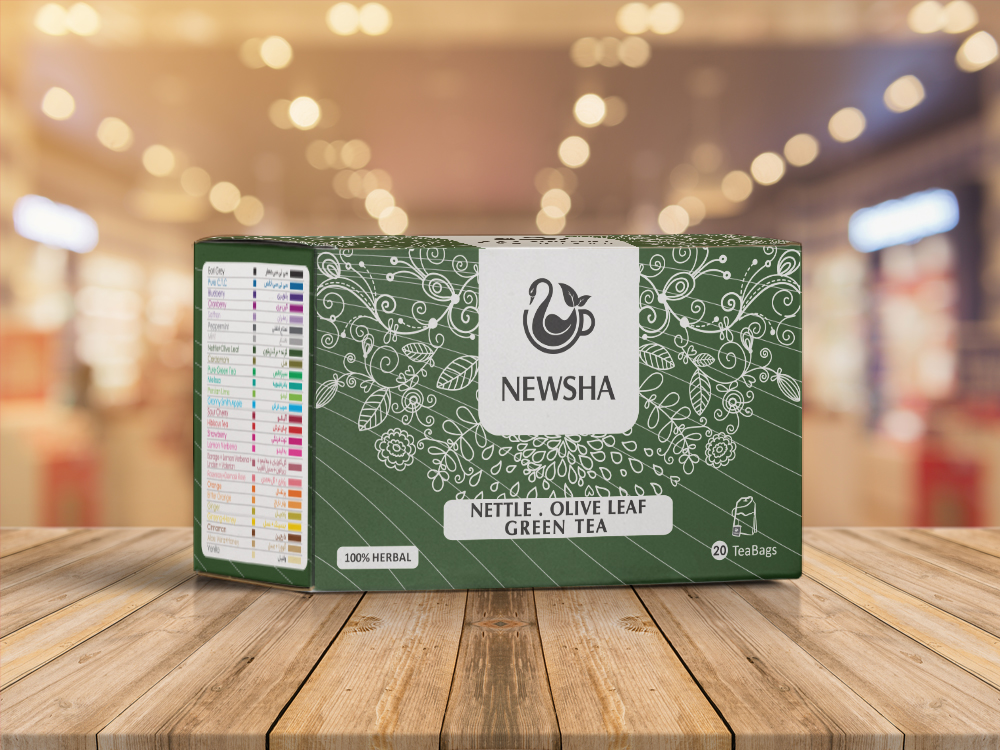 Green box labeled "NEWSHA" with intricate white floral designs. Contains nettle and olive leaf, 20 tea bags, 100% herbal.