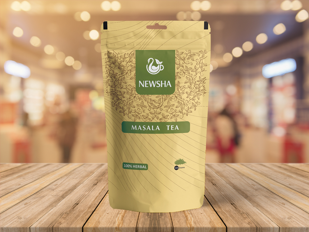 A package of NEWSHA MASALA TEA, featuring vibrant packaging with the text "100% HERBAL."