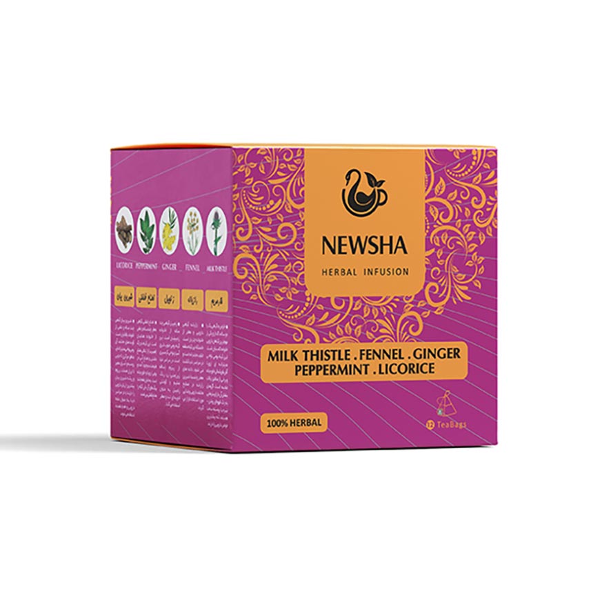 Purple herbal tea box with golden floral designs. Labeled "NEWSHA Herbal Infusion" featuring milk thistle, fennel, ginger, peppermint, and licorice.