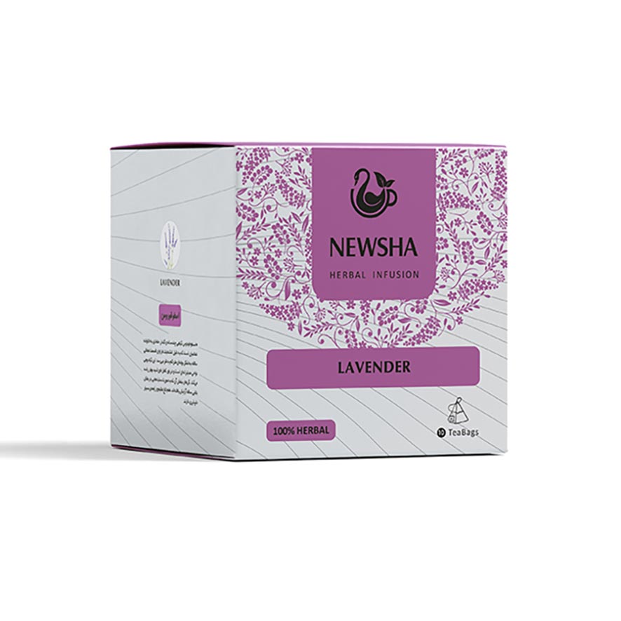 Box of Newsha Lavender Herbal Infusion Tea. The design features purple floral patterns with "100% Herbal" and "20 Teabags".