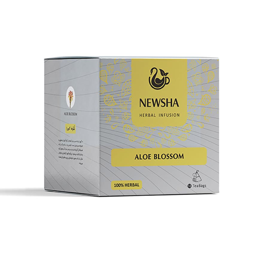 Box of Newsha Aloe Blossom herbal infusion tea. The packaging is silver with yellow accents.