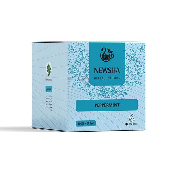 Light blue box of Newsha Herbal Infusion tea featuring peppermint flavor. Decorative floral design, marked "100% herbal" with 12 tea bags.