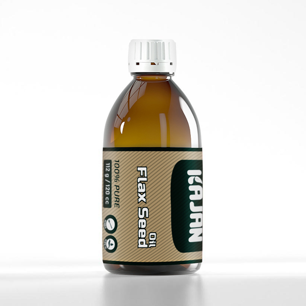 Brown glass bottle of KAJAN Flax Seed Oil, labeled 100% pure, with a white cap and a sleek design, set against a white background.